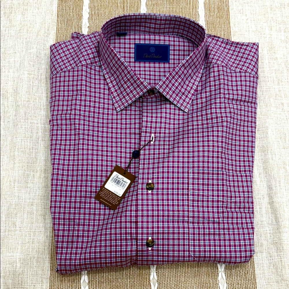 NWT David Donahue Men's Burgundy, Blue & White Plaid Shirt XL